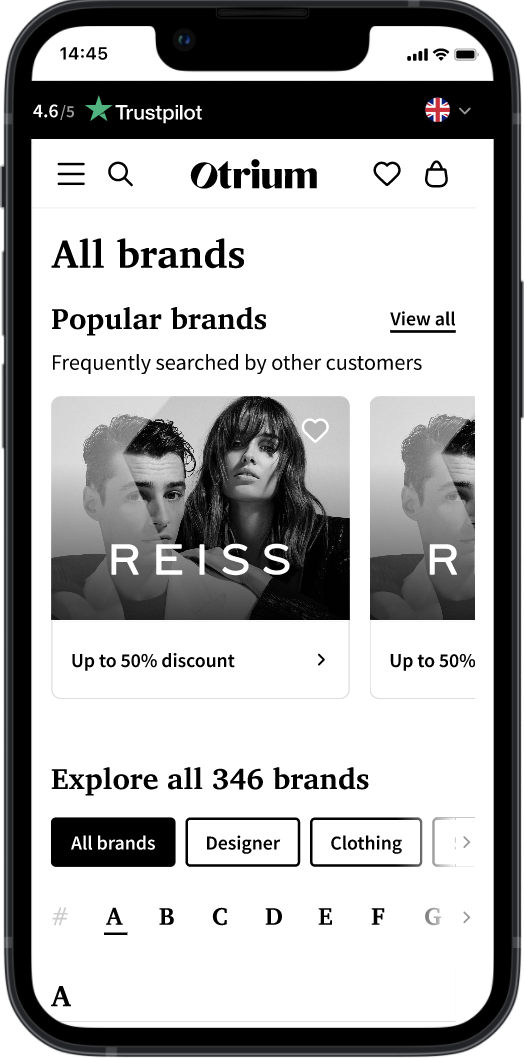 Redesigned Otrium brand page on mobile, with popular brands and value filters