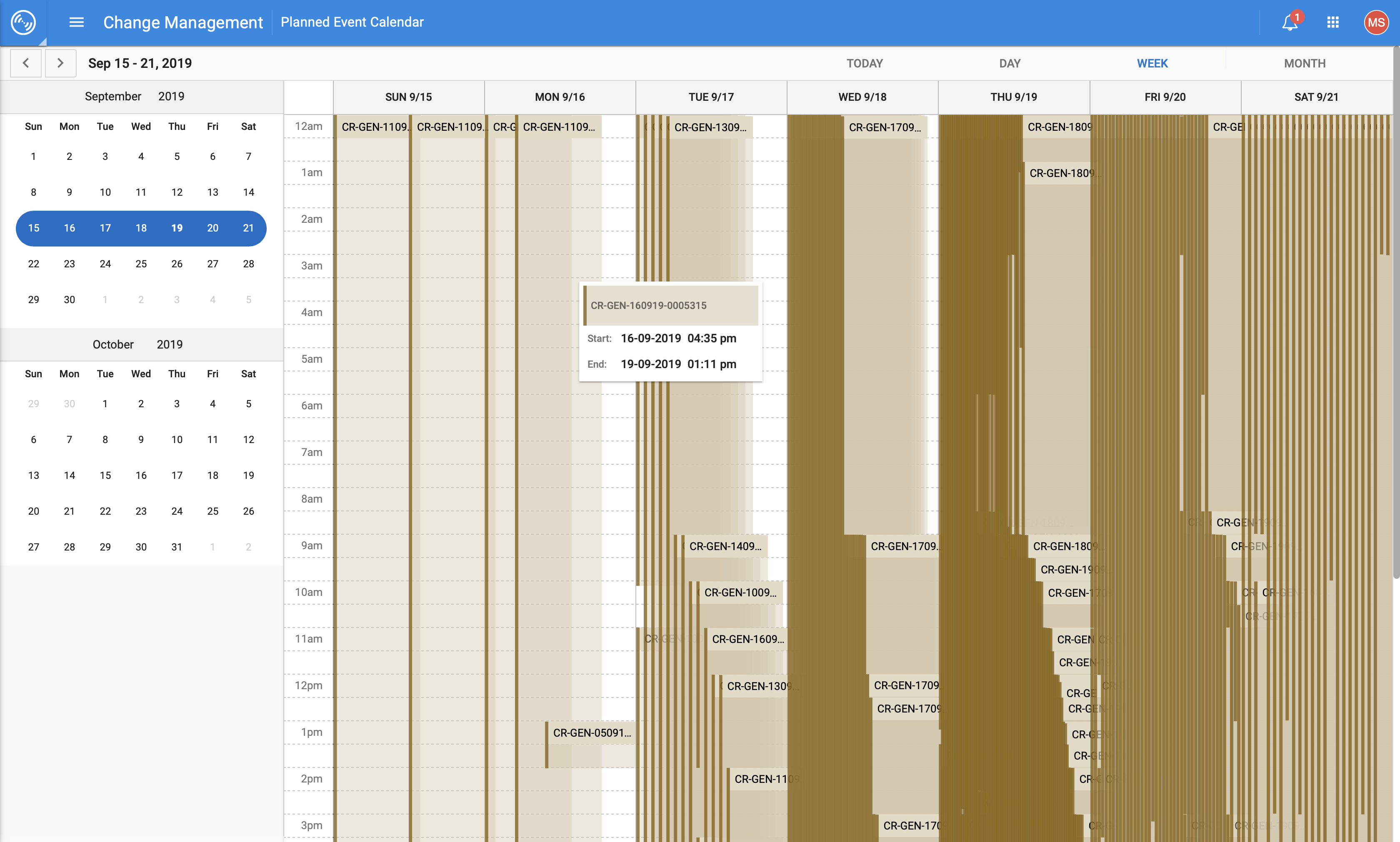 Original change-request calendar in week view