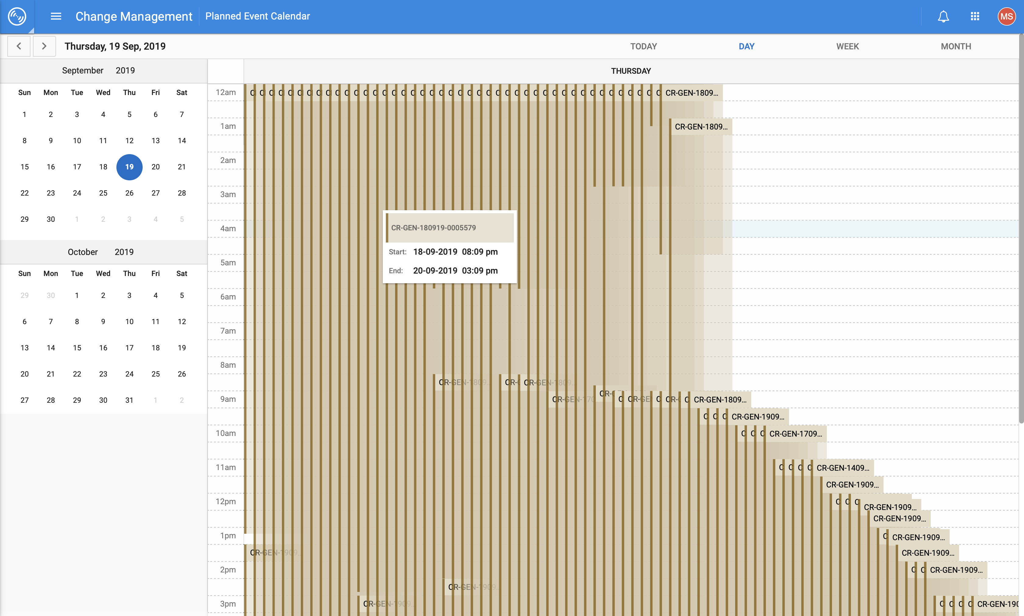 Original change-request calendar in day view